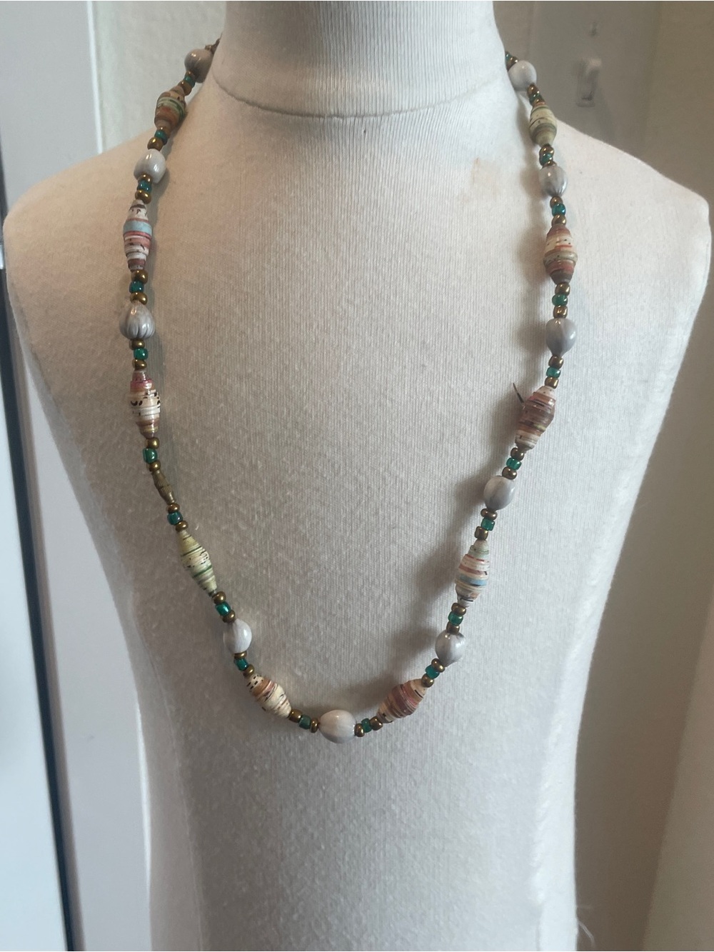 Source Unknown Multicolor Beaded Paper & Glass Necklace with Green Accent Beads